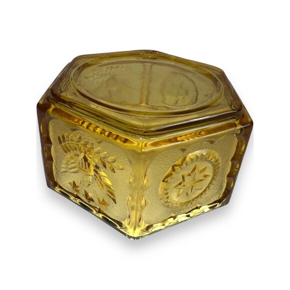 Indiana Glass Tiara Colonial Eagle & Star Hexagonal Candy Dish Amber - Picture 9 of 10